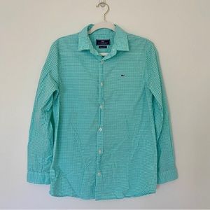 Vineyard Vines BOYS Gingham Whale Shirt, Size Medium, Seafoam Green and White